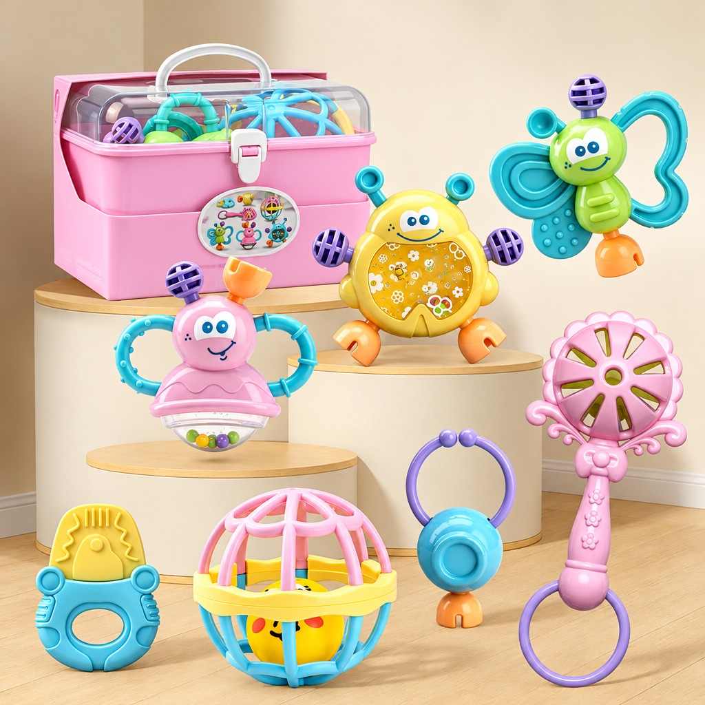 7-Piece Plastic Baby Rattle And Teether Set With Storage Box