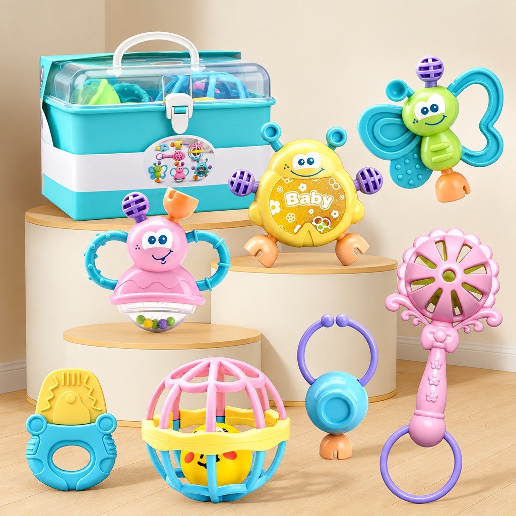 7-Piece Plastic Baby Rattle And Teether Set With Storage Box