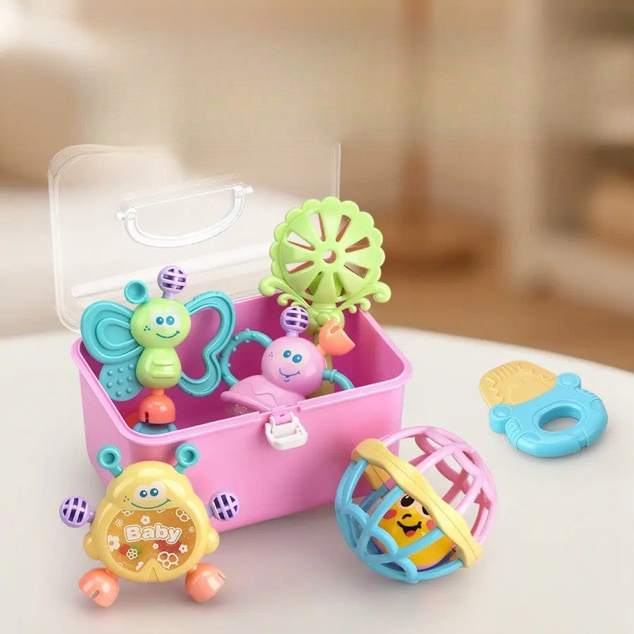 7-Piece Plastic Baby Rattle And Teether Set With Storage Box