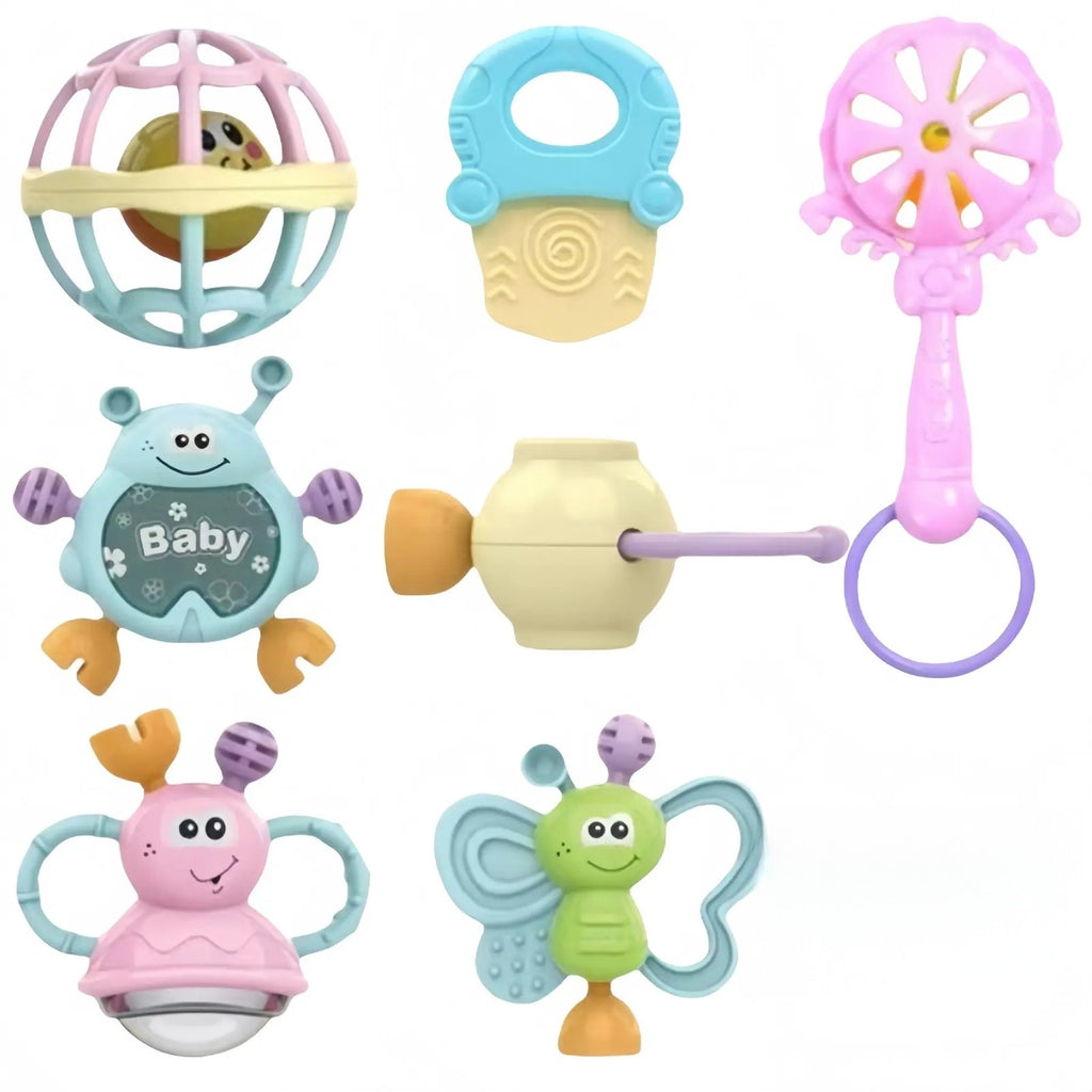 7-Piece Plastic Baby Rattle And Teether Set With Storage Box