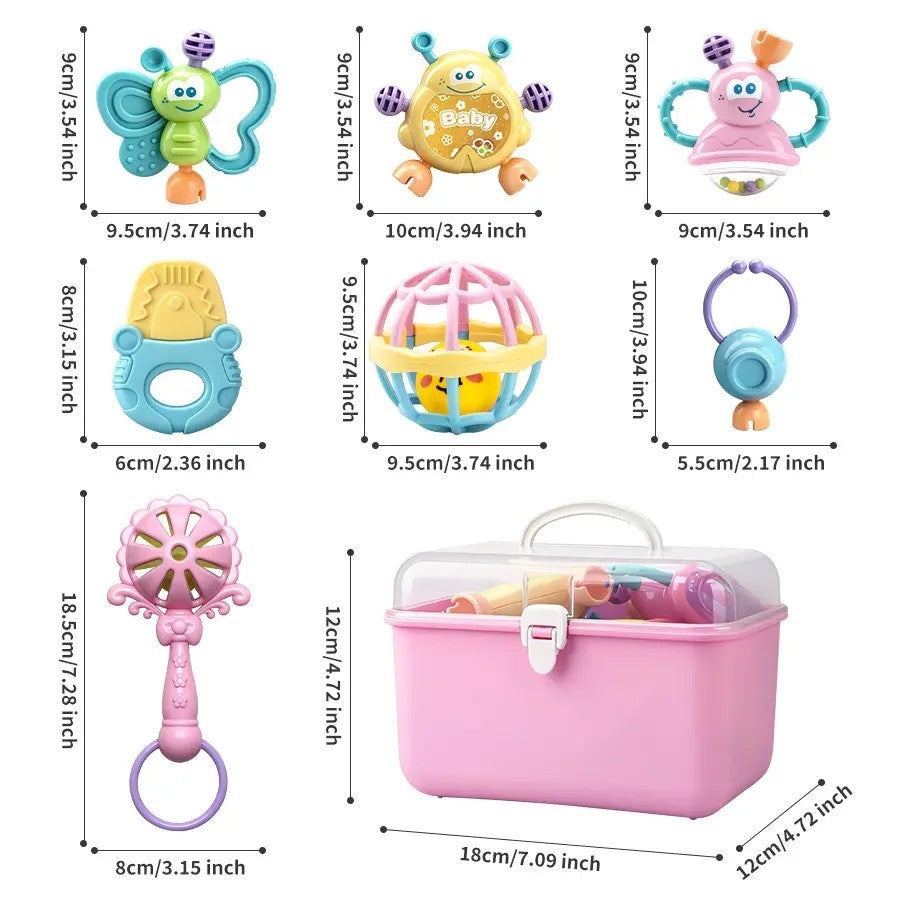 7-Piece Plastic Baby Rattle And Teether Set With Storage Box