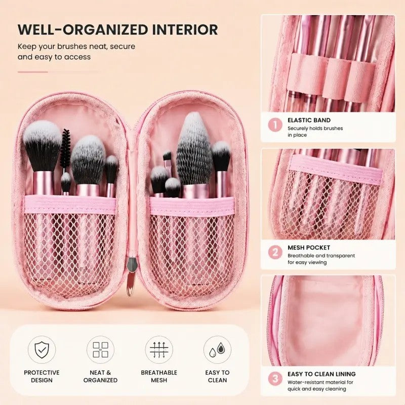 10-Piece Pink Makeup Brush Set With Case