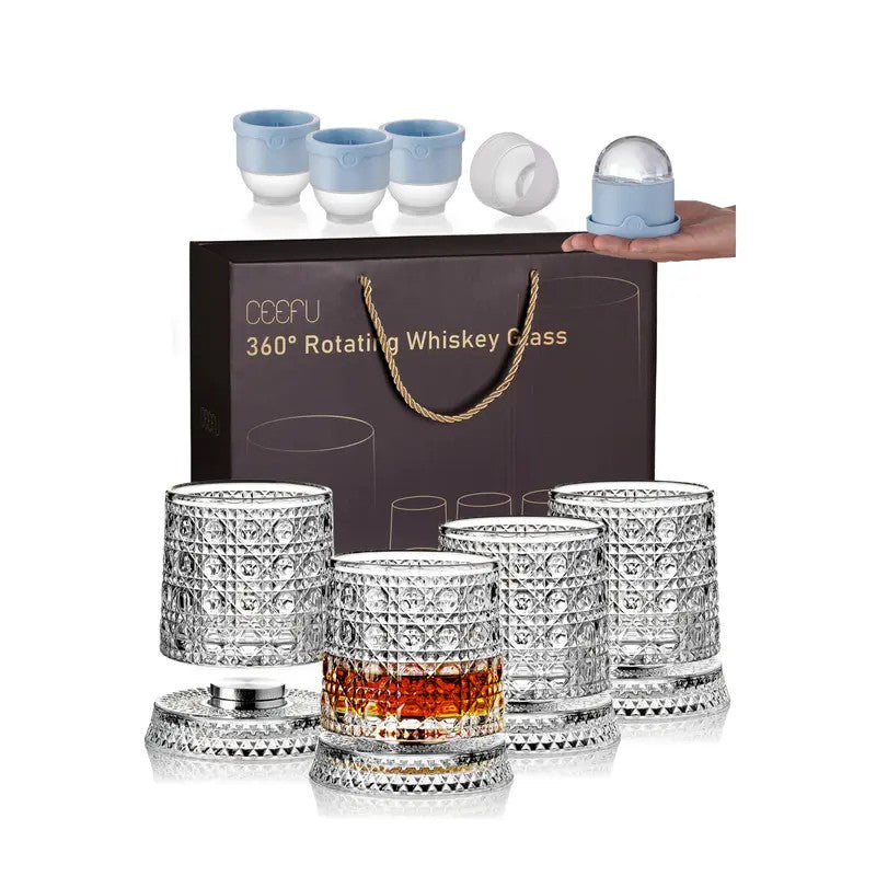 Rotating Whiskey Glass Set With Ice Molds