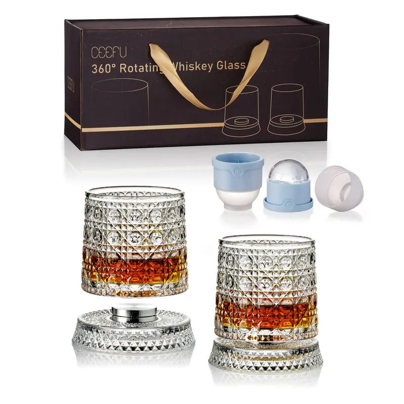 Rotating Whiskey Glass Set With Ice Molds