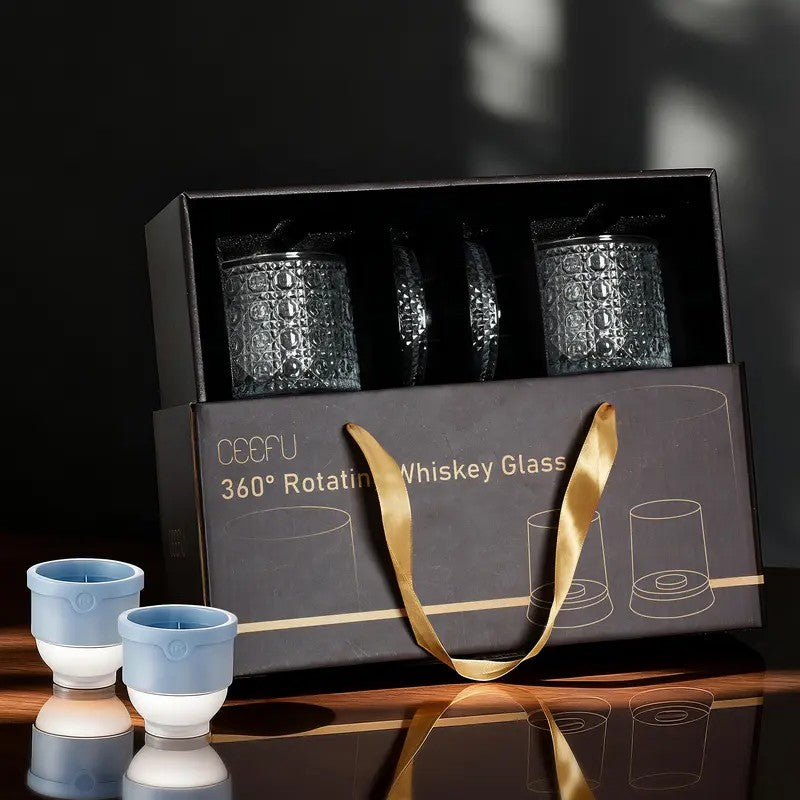 Rotating Whiskey Glass Set With Ice Molds
